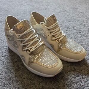 Michael Kors Liv Trainer Wedge Sneakers Gold Rhinestone Mixed Media Women's 8M
